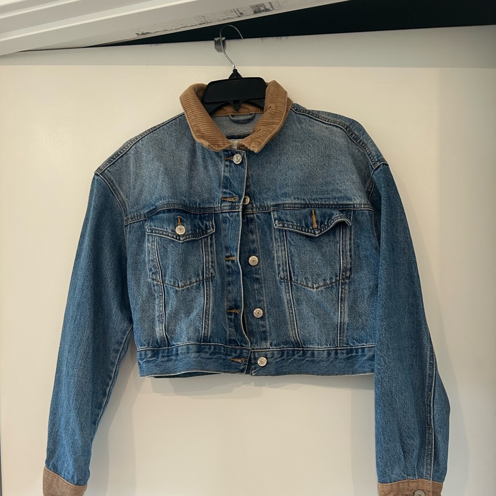 Forever 21 Blue Denim Jacket with Tan Corduroy Collar & Cuffs